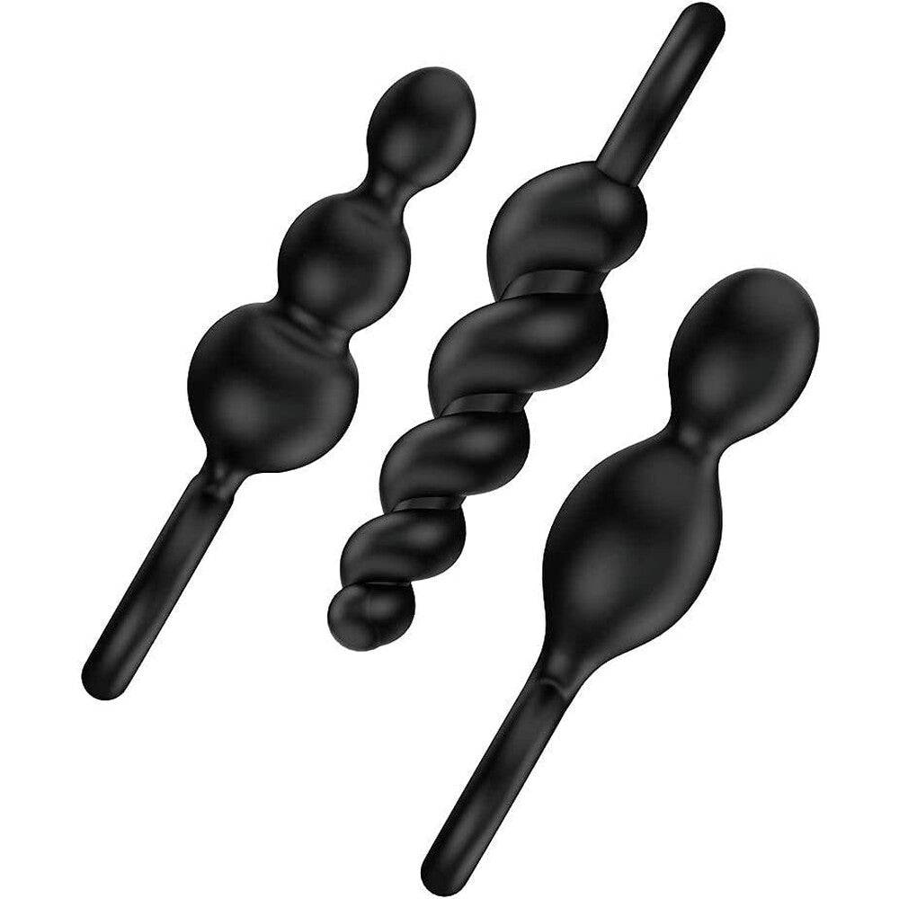 Satisfyer Booty Call Set featuring three black anal plugs of varying sizes for versatile pleasure.