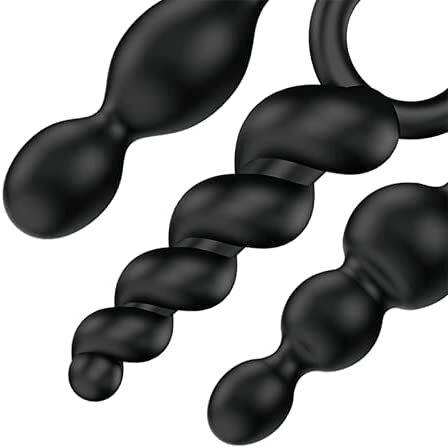 Satisfyer Booty Call Set featuring three black anal plugs of varying sizes for versatile pleasure.