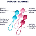Satisfyer Pro set of 3 weighted double training orgasm balls in various colors for pelvic floor exercises.