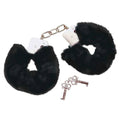 Bad Kitty black plush handcuffs with soft texture and adjustable straps, perfect for playful adventures.