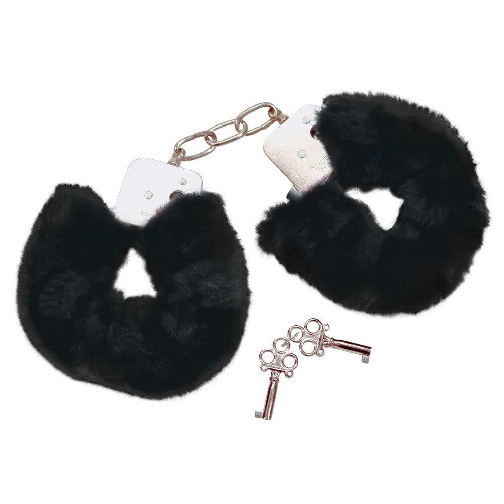 Bad Kitty black plush handcuffs with soft texture and adjustable straps, perfect for playful adventures.