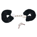 Black plush handcuffs by Bad Kitty, featuring a soft texture and stylish design, ideal for playful restraint.