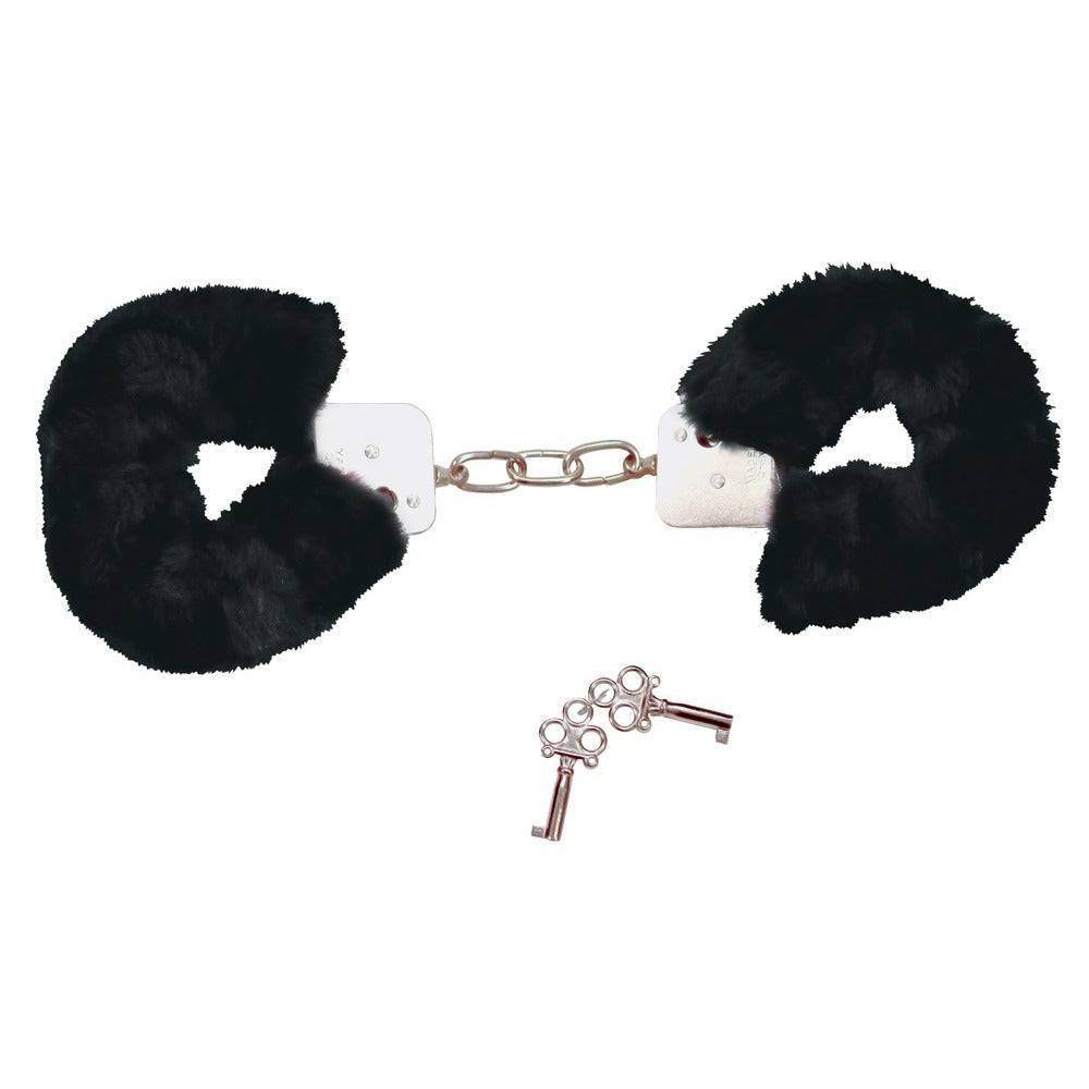 Black plush handcuffs by Bad Kitty, featuring a soft texture and stylish design, ideal for playful restraint.