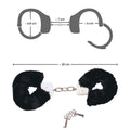 Bad Kitty black plush handcuffs with soft texture and adjustable straps for comfort and style.
