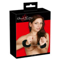 Bad Kitty black plush handcuffs with soft fabric and silver metal accents, perfect for playful adventures.