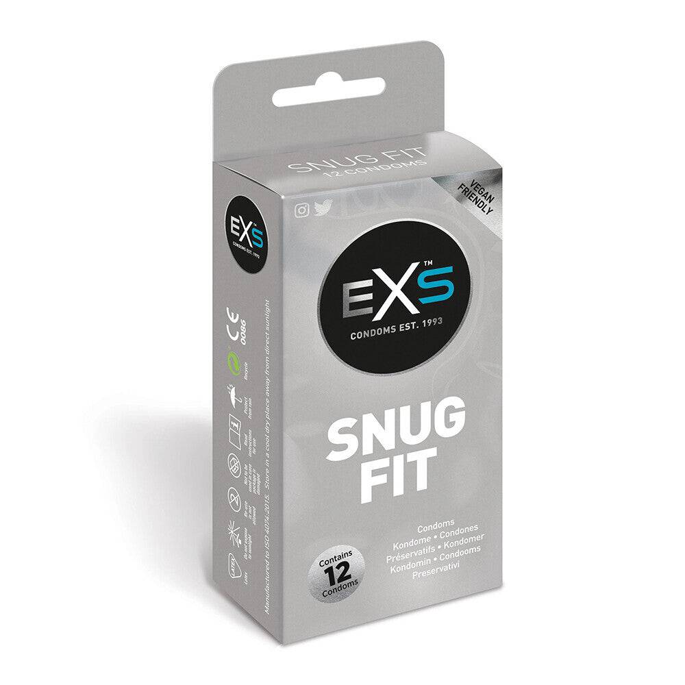 EXS Snug Closer Fitting condoms 12-pack with sleek packaging, showcasing the brand logo and product details.