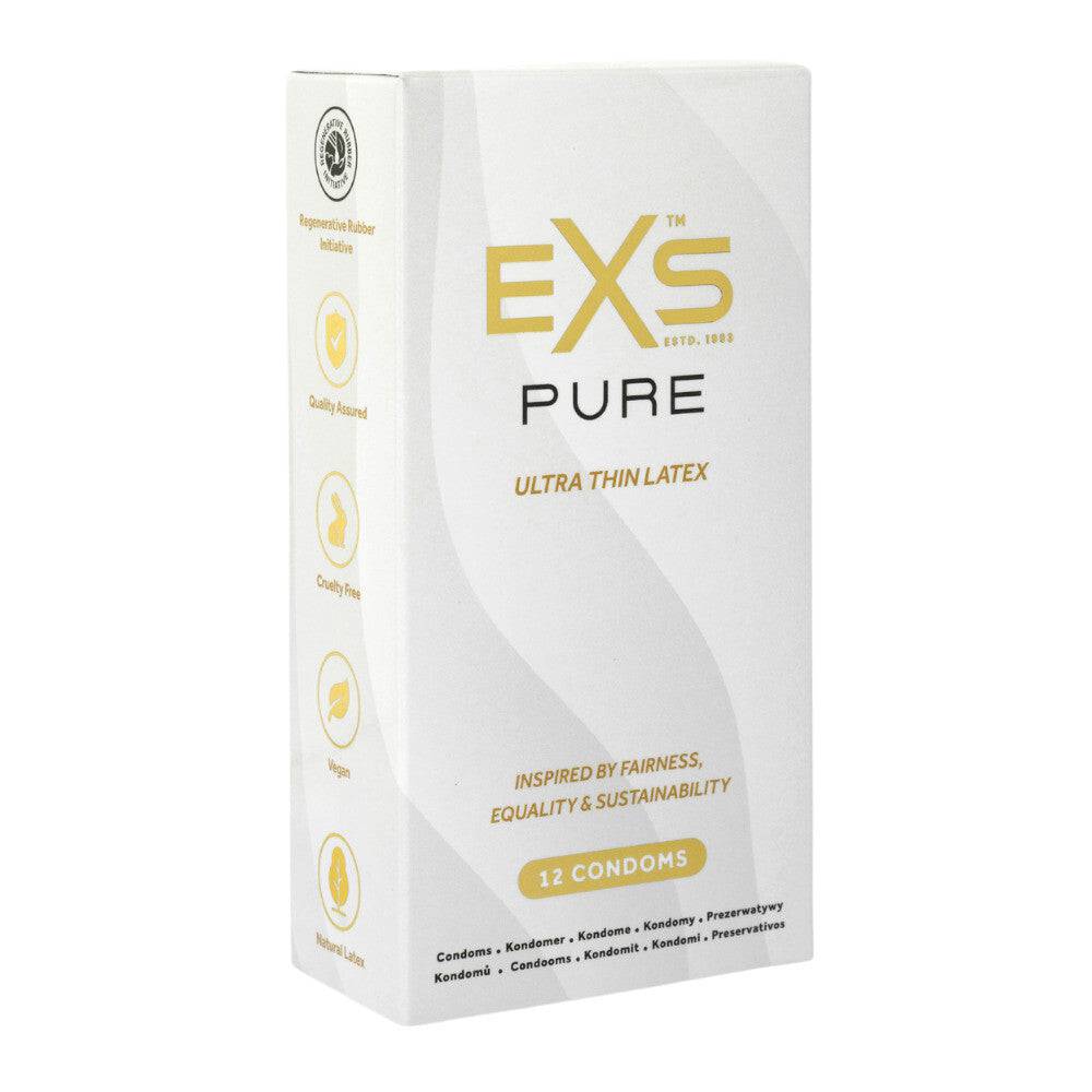 EXS Pur ultrathin latex condoms 12-pack in sleek packaging, showcasing the brand and product details clearly.