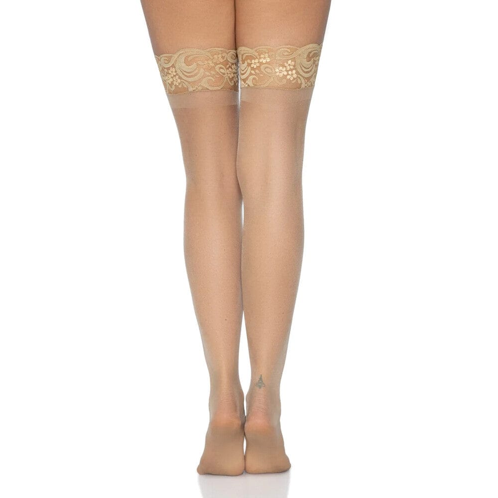 Leg Avenue nude stay-up sheer thigh-high stockings for UK size 6 to 12, featuring a delicate lace top.