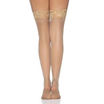 Leg Avenue nude stay-up sheer thigh-high stockings for UK size 6 to 12, featuring a delicate lace top.