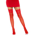 Leg Avenue red sheer stay-up thigh highs, UK size 6 to 12, featuring delicate lace trim and a smooth finish.