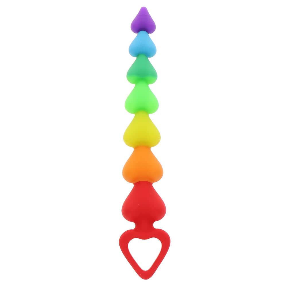 Colorful ToyJoy Regnbågshjärta anal beads displayed on a white background, showcasing their vibrant, heart-shaped design.
