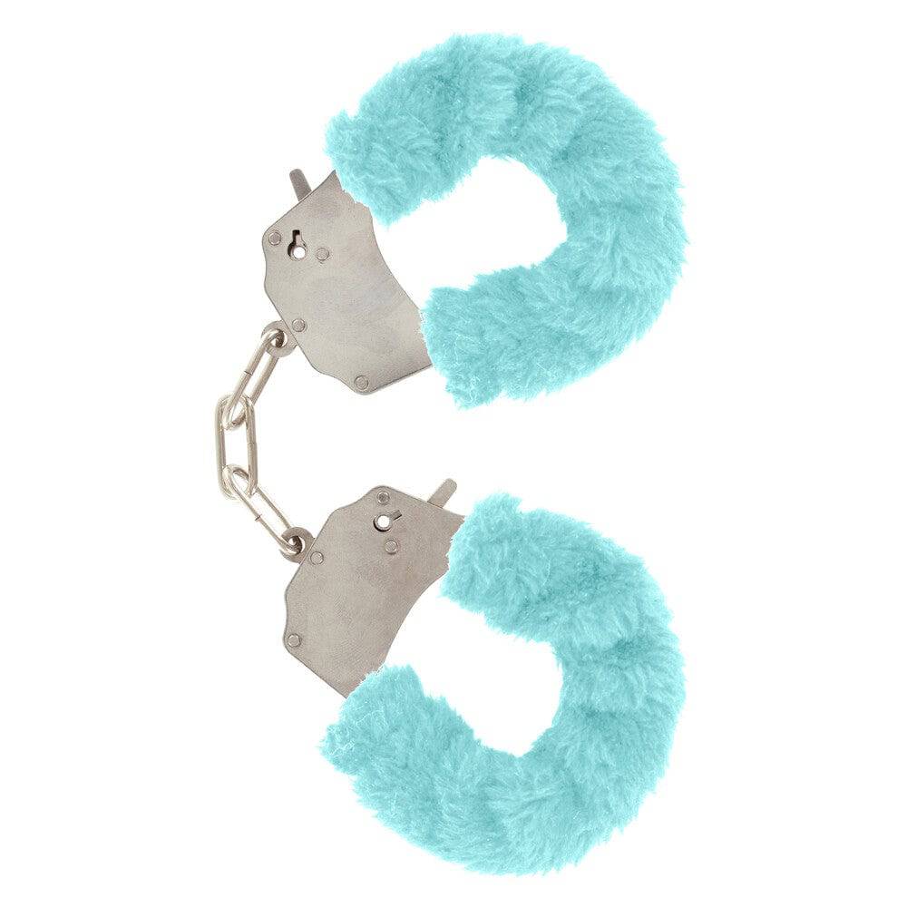 ToyJoy Furry Fun handled aqua handcuffs with soft fur, designed for playful bondage experiences.