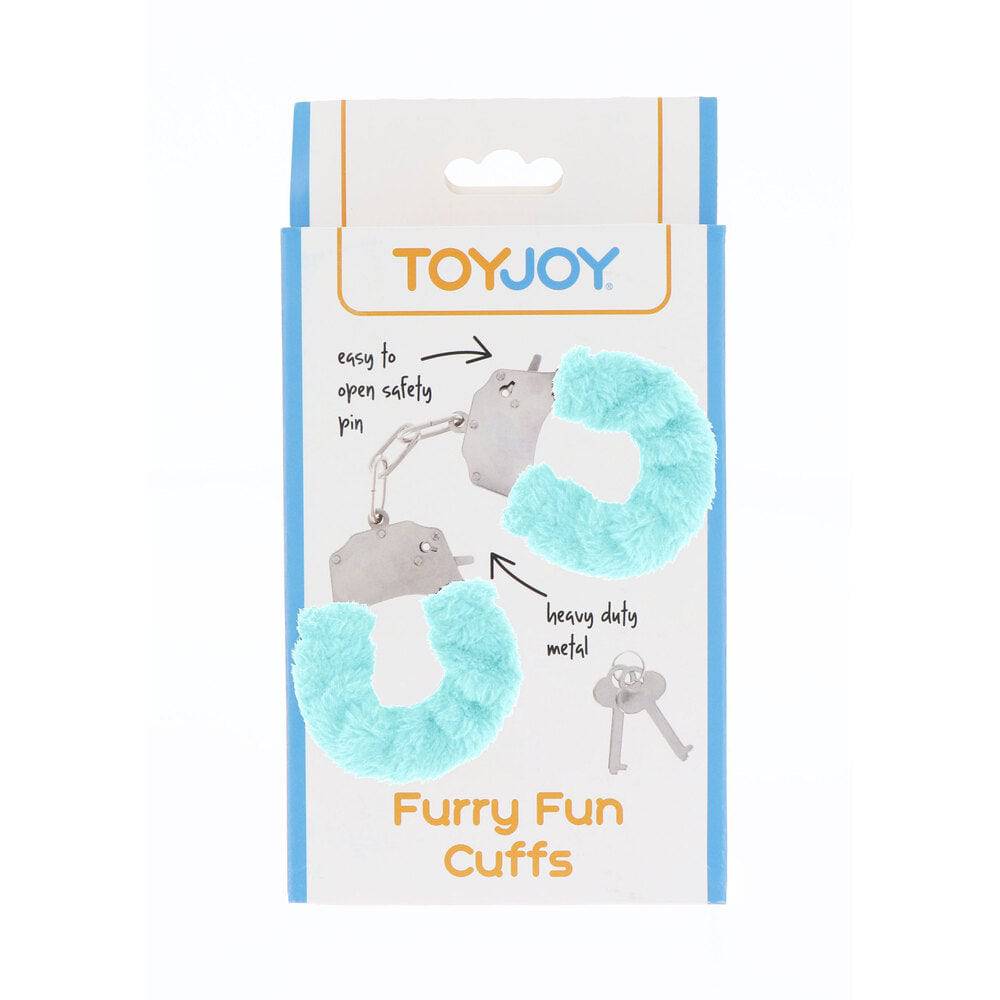 ToyJoy Furry Fun handled aqua handcuffs with soft fur, designed for playful bondage experiences.