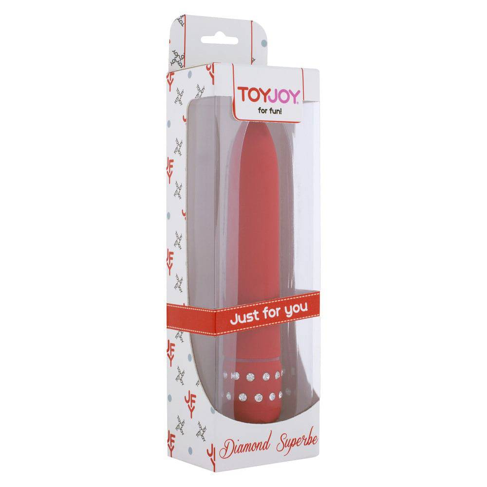 ToyJoy Diamond Red Superbe Mini Vibrator with a sleek design and shimmering finish, perfect for discreet pleasure.