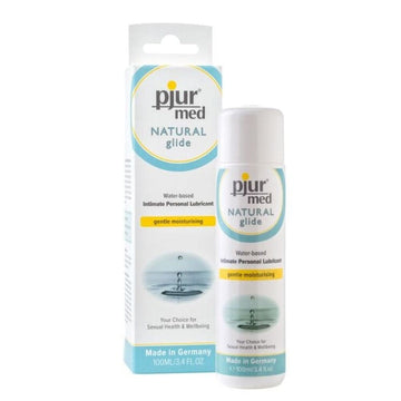Pjur Lubricants Med Natural Glide water-based lubricant in a 100ml bottle with a sleek design.