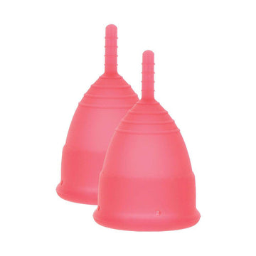 Mae B intimate health menstrual cups in two sizes, reusable silicone design for comfort and hygiene.