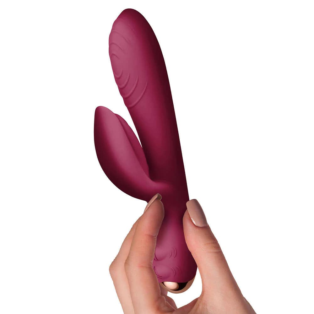 Burgundy Rocks Off Everygirl rabbit vibrator with dual motors and textured design for enhanced pleasure.