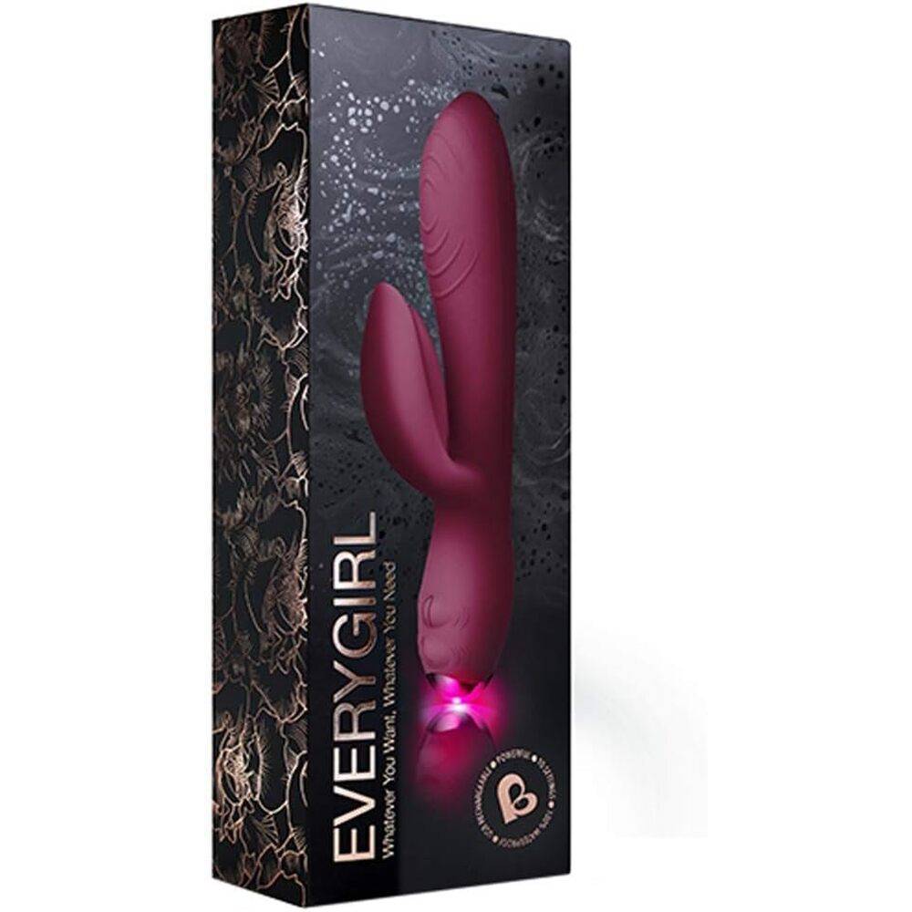 Burgundy Rocks Off Everygirl rabbit vibrator with dual motors and ergonomic design for enhanced pleasure.