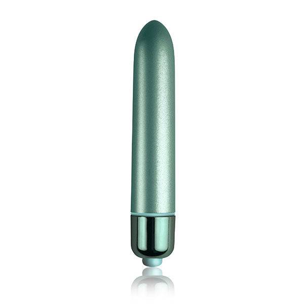 Rocks Off Touch Of Velvet Aqua Lily vibrator with soft, textured surface and sleek design in vibrant aqua color.