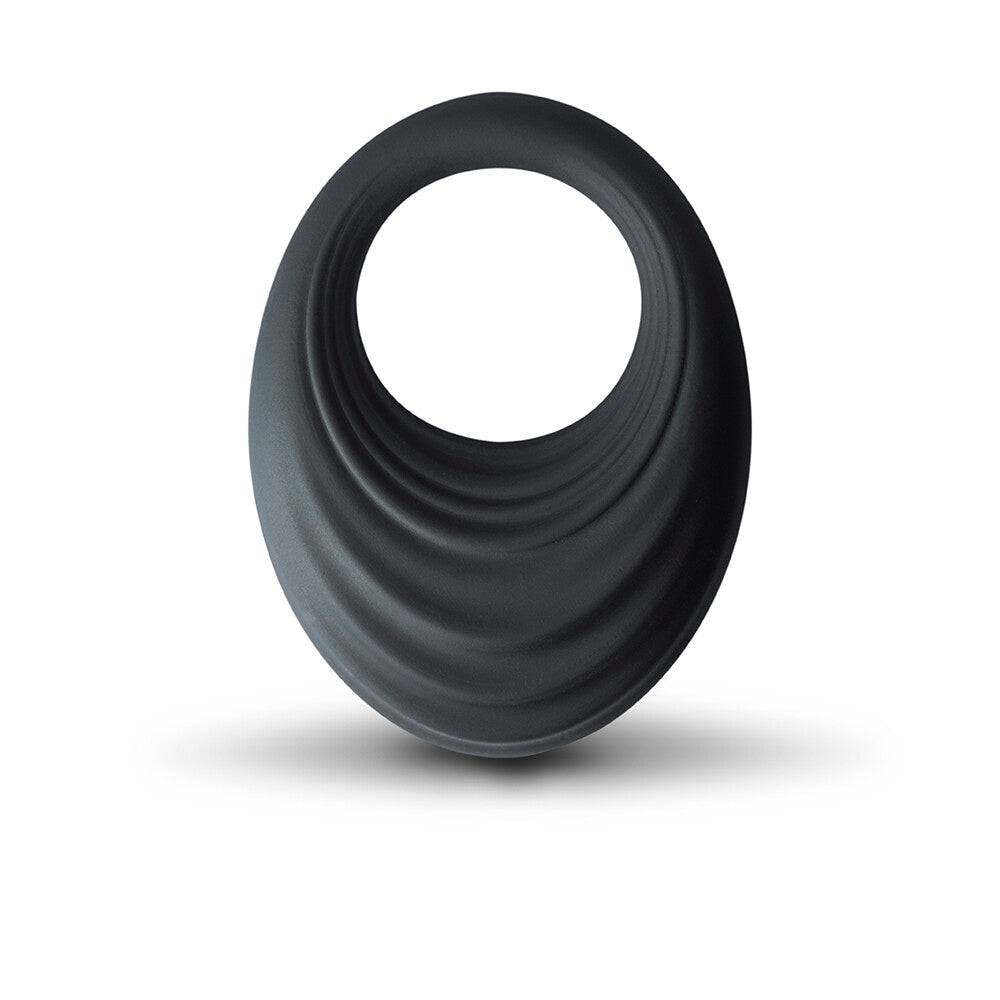 Rocks Off Spire cockring vibe in sleek black design, showcasing its textured surface and unique shape.