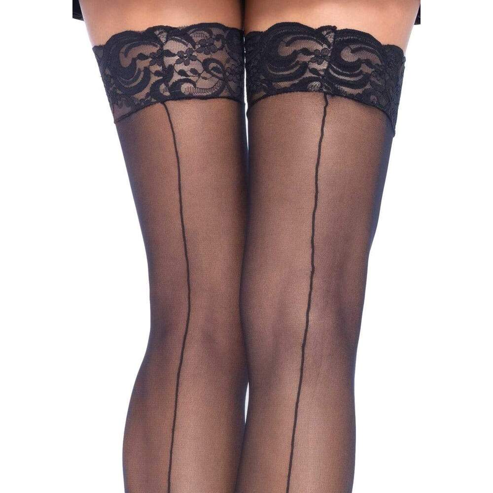 Leg Avenue black thigh-high stockings with back seam, suitable for UK sizes 6 to 12, displayed on a neutral background.