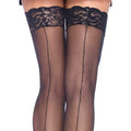 Leg Avenue black thigh-high stockings with back seam, suitable for UK sizes 6 to 12, displayed on a neutral background.
