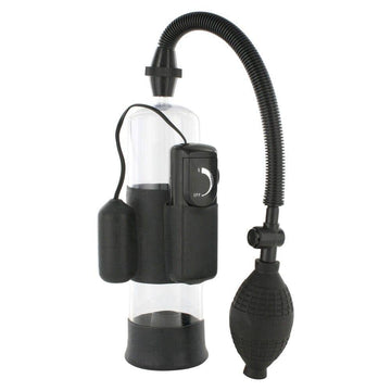 Seven Creations Power Pump vibrating penis pump with clear cylinder and ergonomic handle for enhanced performance.