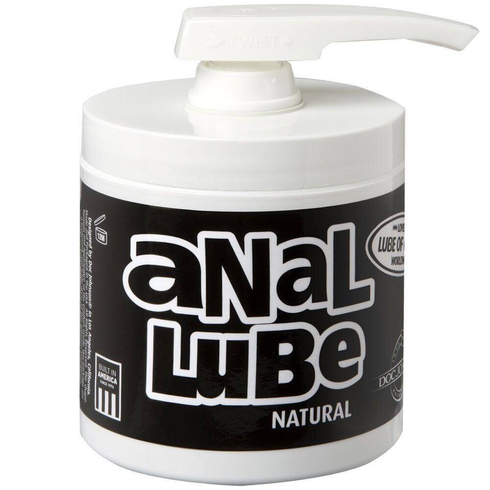 Doc Johnson Anal Lube Natural in a pump dispenser, 135 ml, showcasing a clear bottle with a sleek design.