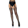 Black fishnet tights with suspenders by Leg Avenue, suitable for UK sizes 6 to 12, showcasing a stylish design.