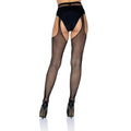 Leg Avenue black fishnet tights with suspenders, designed for UK sizes 6 to 12, featuring a stylish, edgy look.