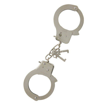 Dream Toys metal handcuffs with keys displayed on a white background, showcasing their shiny finish and detailed design.