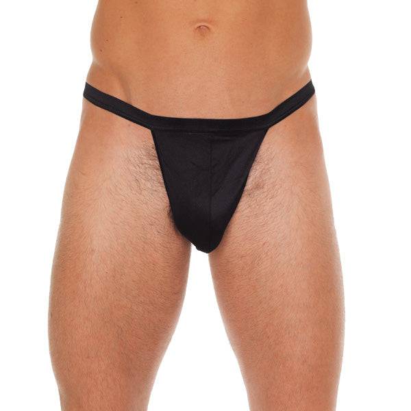 Rimba men's black G-string with matching black pouch, showcasing a sleek design and comfortable fit.
