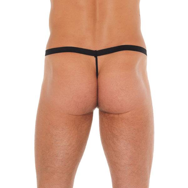 Rimba men's black G-string with a pink pouch, showcasing a sleek design and comfortable fit.