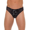 Rimba men's black G-string featuring a PVC pouch for a sleek, modern look.