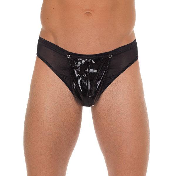 Rimba men's black G-string featuring a PVC pouch for a sleek, modern look.