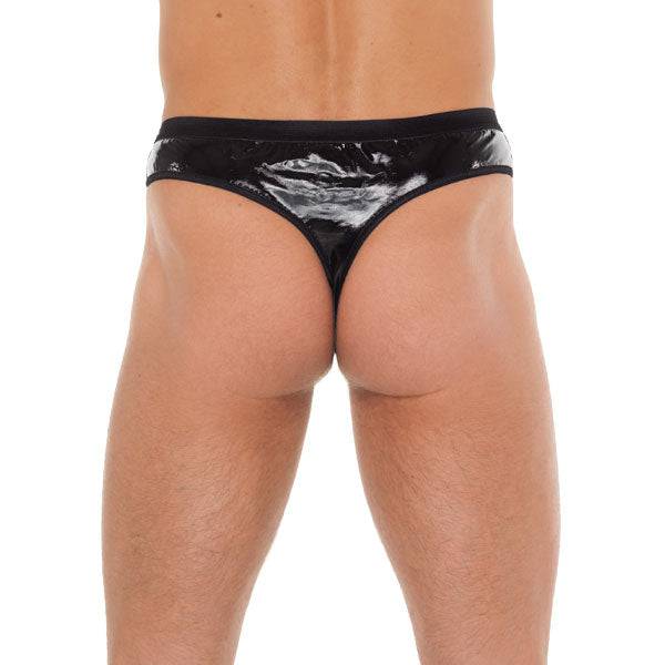 Rimba men's black G-string featuring a PVC pouch for a sleek, modern look.