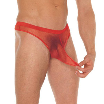 Rimba red G-string for men featuring a penis pouch, showcasing a sleek and stylish design.