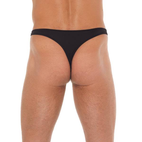 Rimba men's black G-string featuring metallic rings for a bold and stylish look.