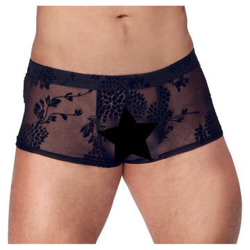 Noir sheer floral lace byxor featuring intricate lace detailing and a flowy design for a stylish, elegant look.