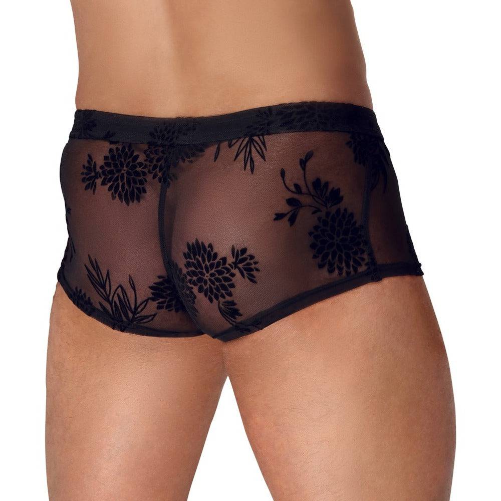 Noir sheer floral lace byxor featuring intricate lace detailing and a flowy design for a stylish, elegant look.
