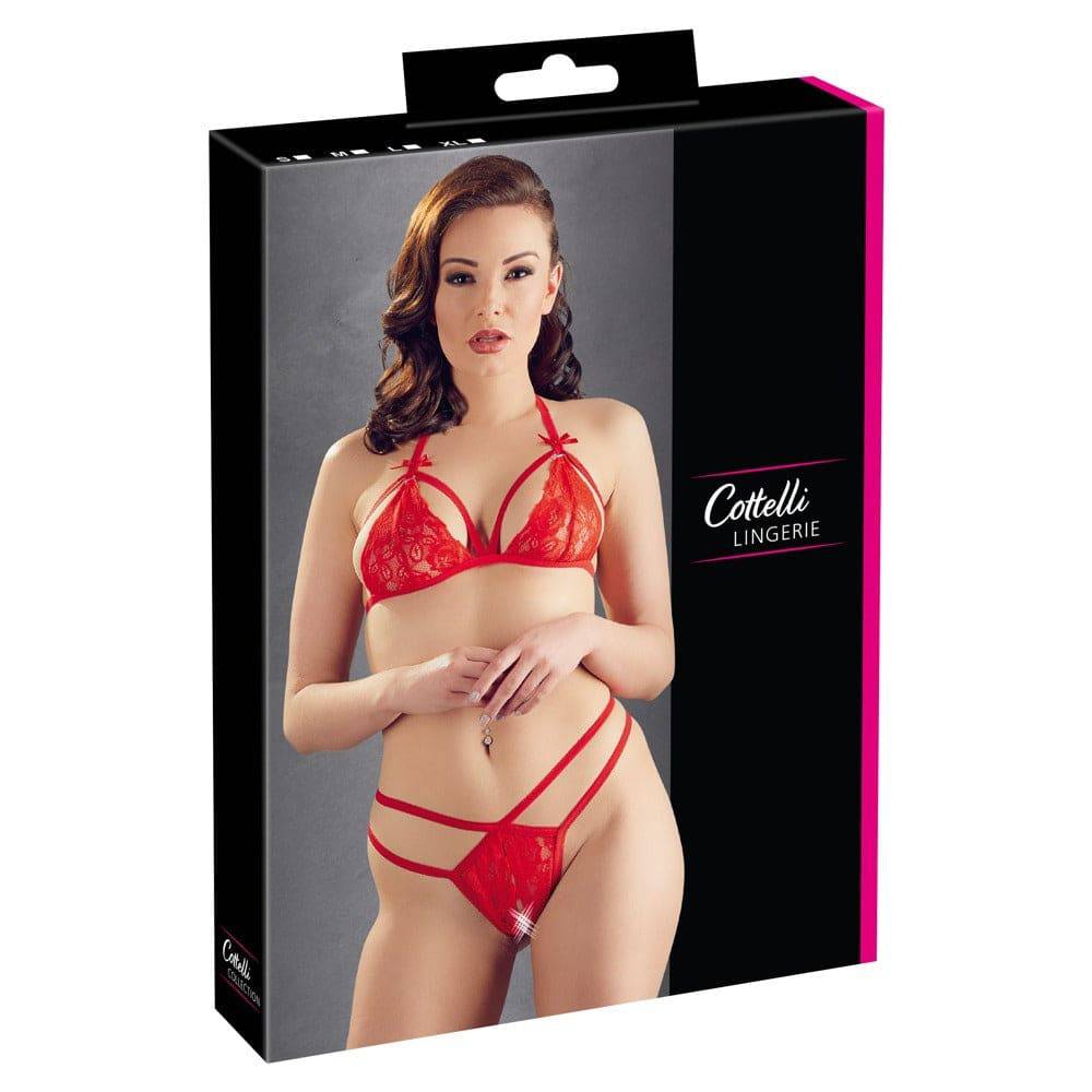 Cottelli Collection red lace set featuring intricate designs and delicate details on a model against a neutral background.