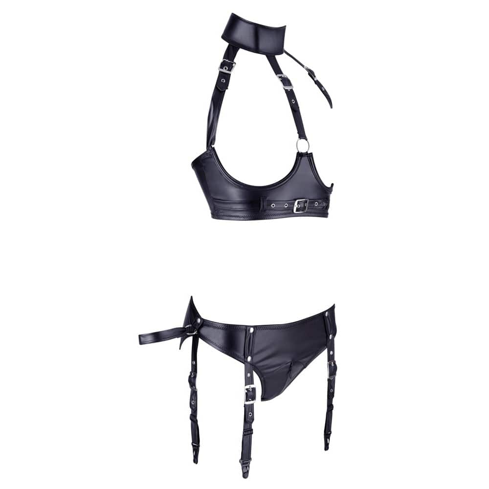 Cottelli Collection open bra and thong set featuring delicate lace and adjustable straps in black.