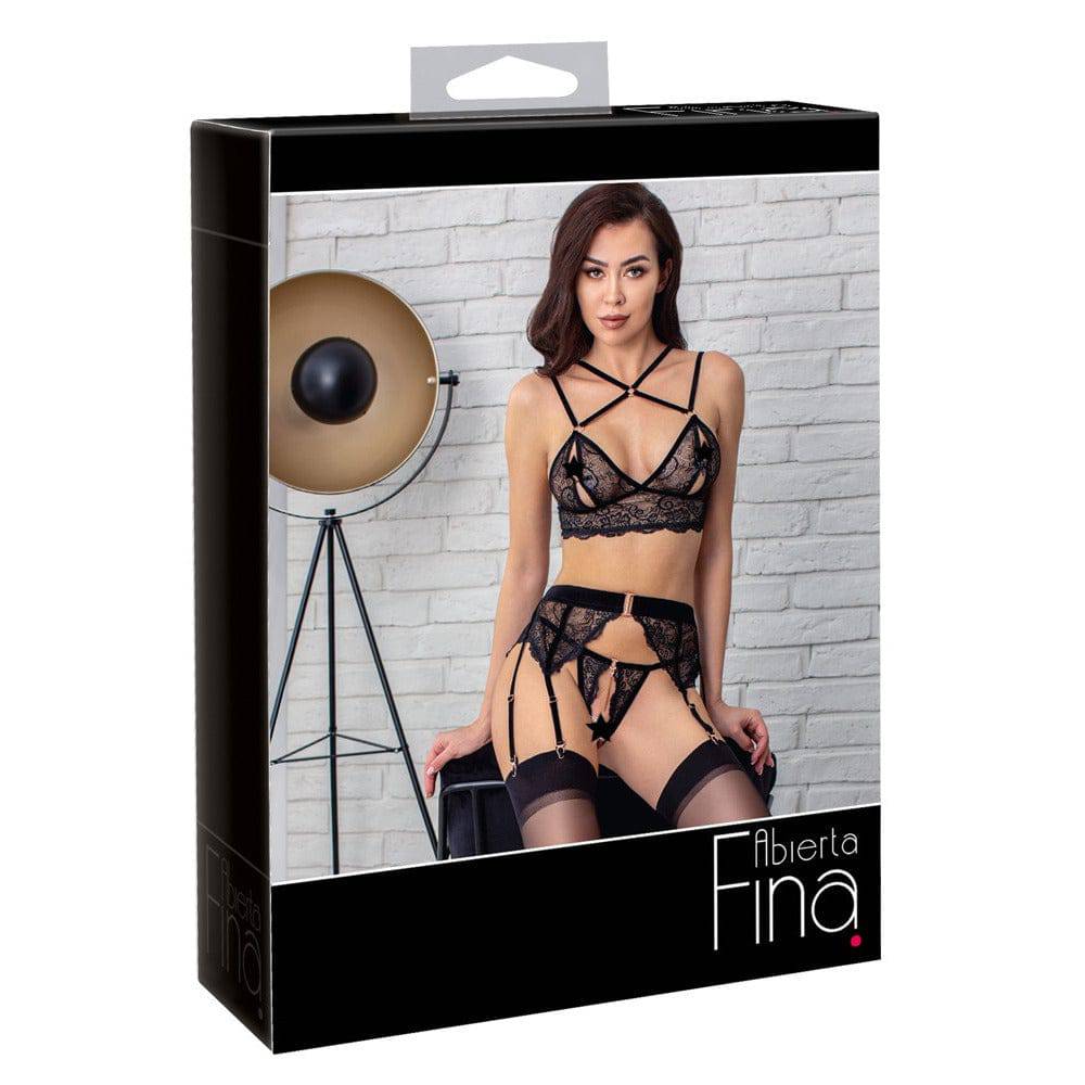 Abierta Fina lace open suspenders and socks displayed on a neutral background, showcasing intricate lace details.