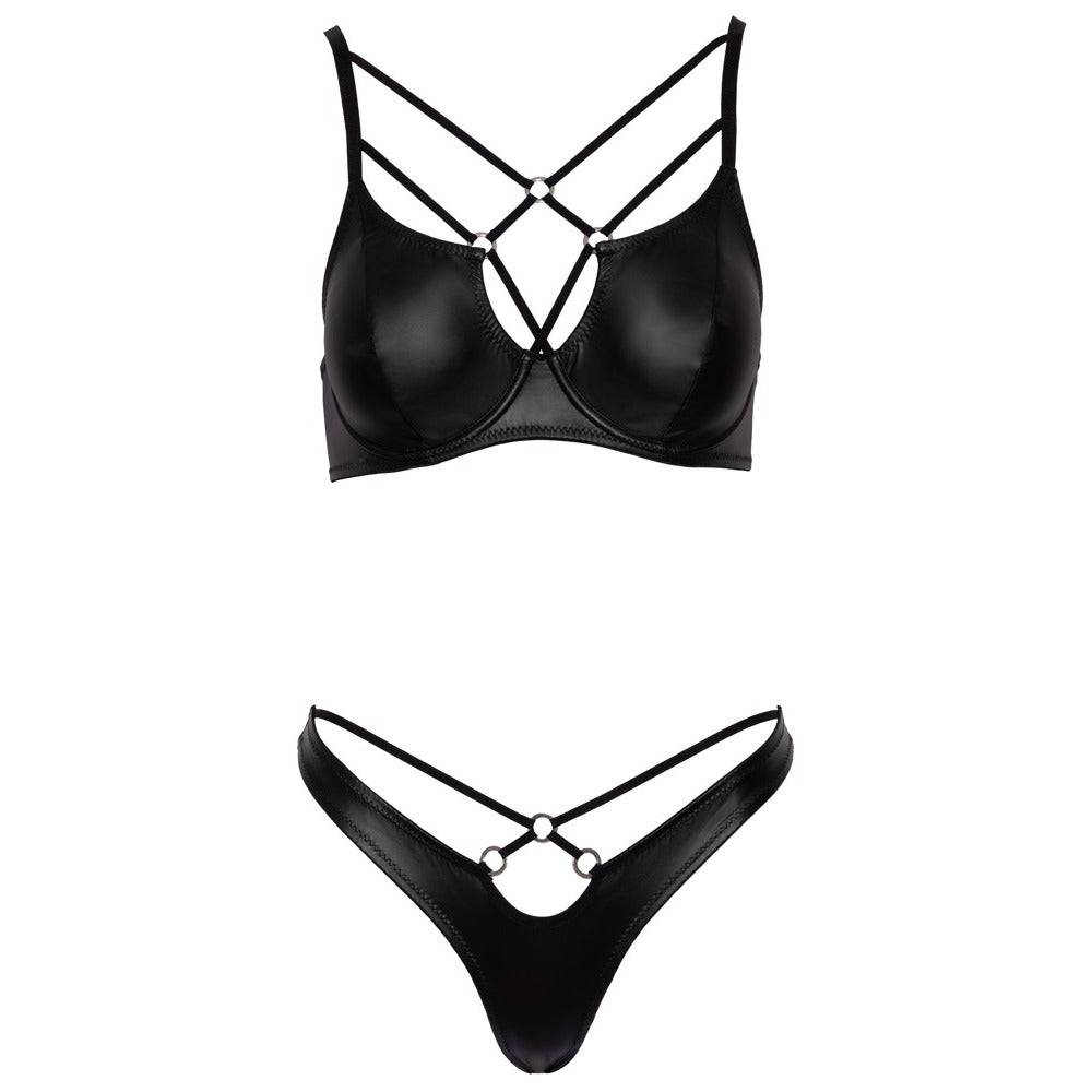Cottelli Collection matte black bra set featuring lace details and adjustable straps for a stylish look.