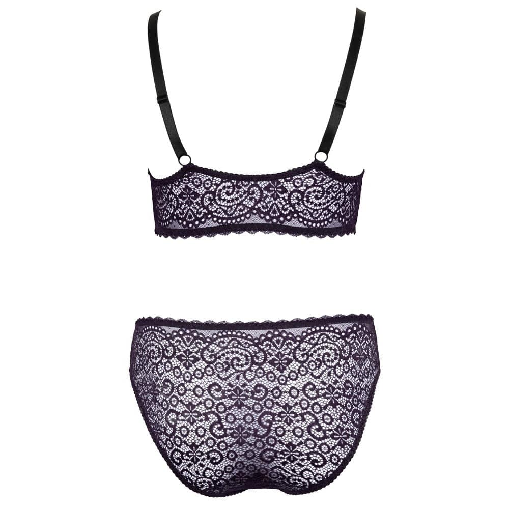 Cottelli Collection delicate lace bralette and matching panties set in black, showcasing intricate lace detailing.