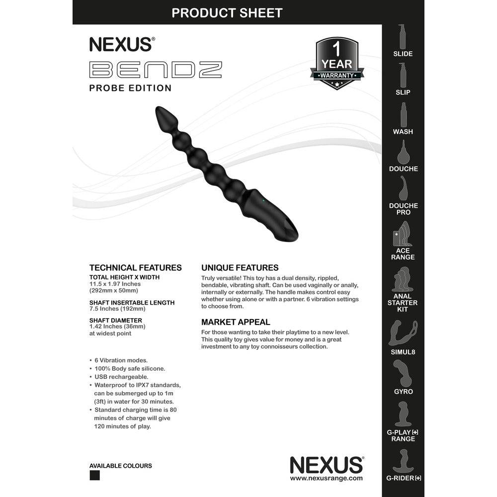Nexus Bendz vibrating anal probe with a curved design and textured surface for enhanced stimulation.