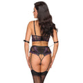 Cottelli Collection black bra with quarter cup, suspender pants, and two handcuffs displayed on a neutral background.