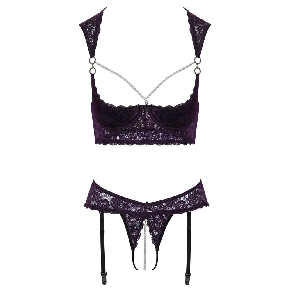 Cottelli Collection cupless and crotchless bra set featuring lace detailing and adjustable straps, showcased on a model.