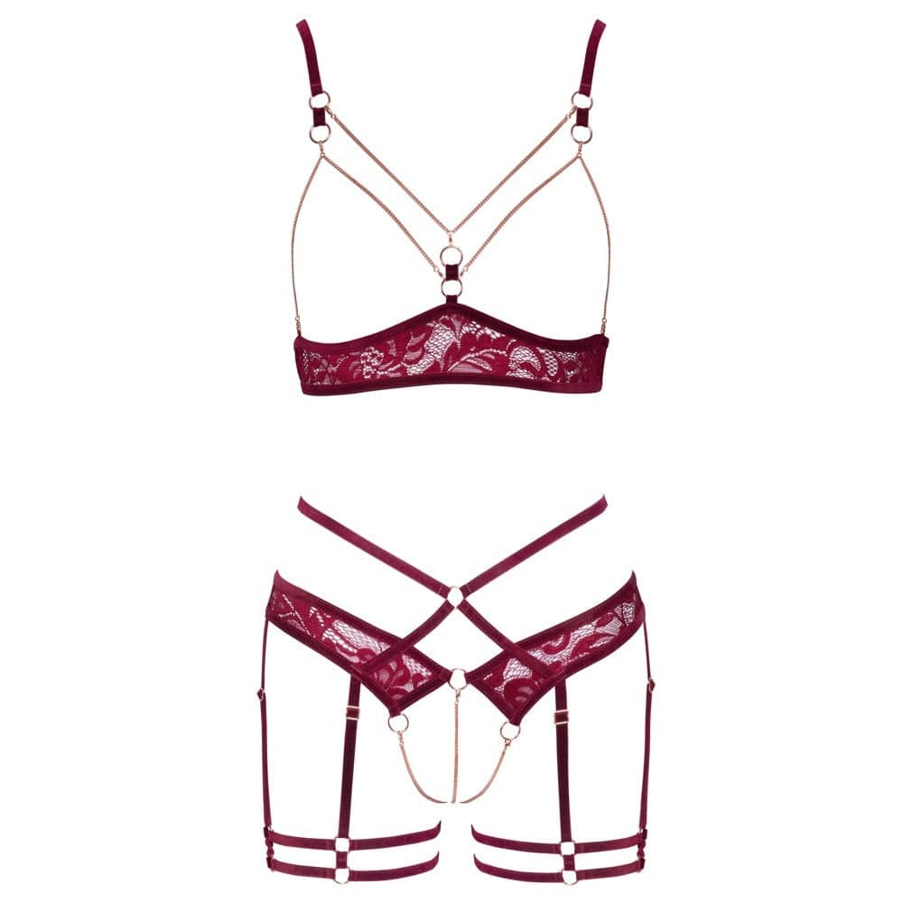 Abierta Fina open red lace set featuring intricate floral patterns and delicate straps for a seductive look.