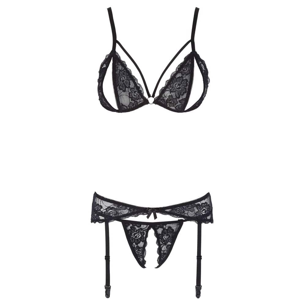 Cottelli Collection open garter set featuring lace details and adjustable straps in elegant black.